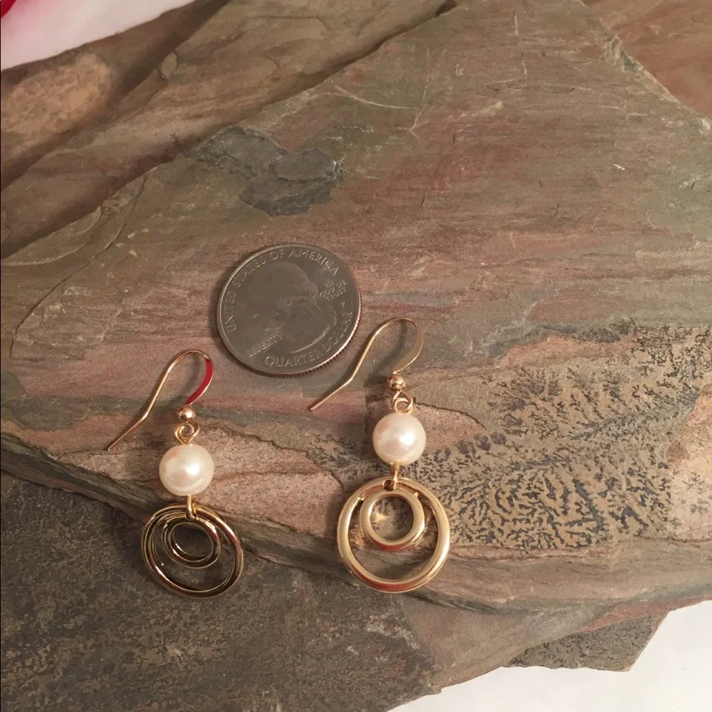 Gold-tone Circles and Pearl Drop Earrings Boho Style